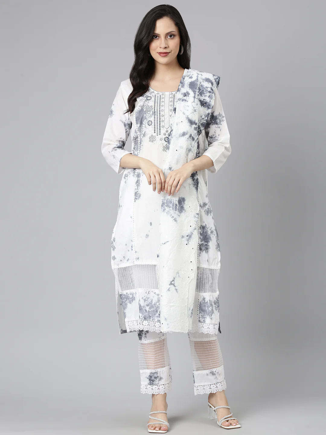 Neerus Grey Printed Straight Kurta and Trousers With Dupatta - Image 5