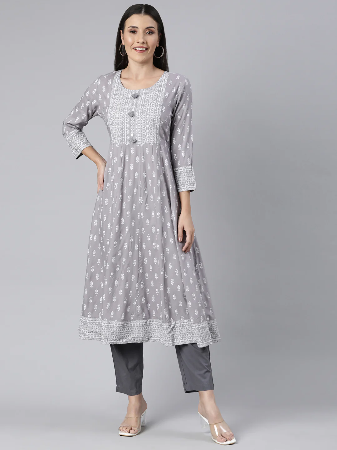 Neerus Grey Regular Anarkali Floral Kurta