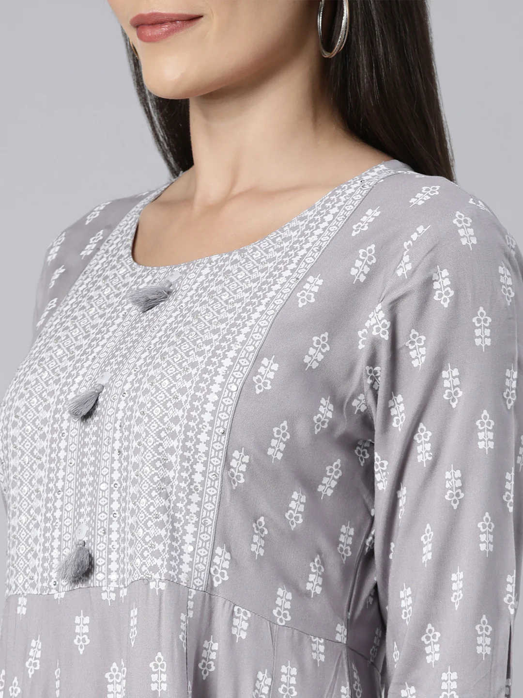 Neerus Grey Regular Anarkali Floral Kurta - Image 4