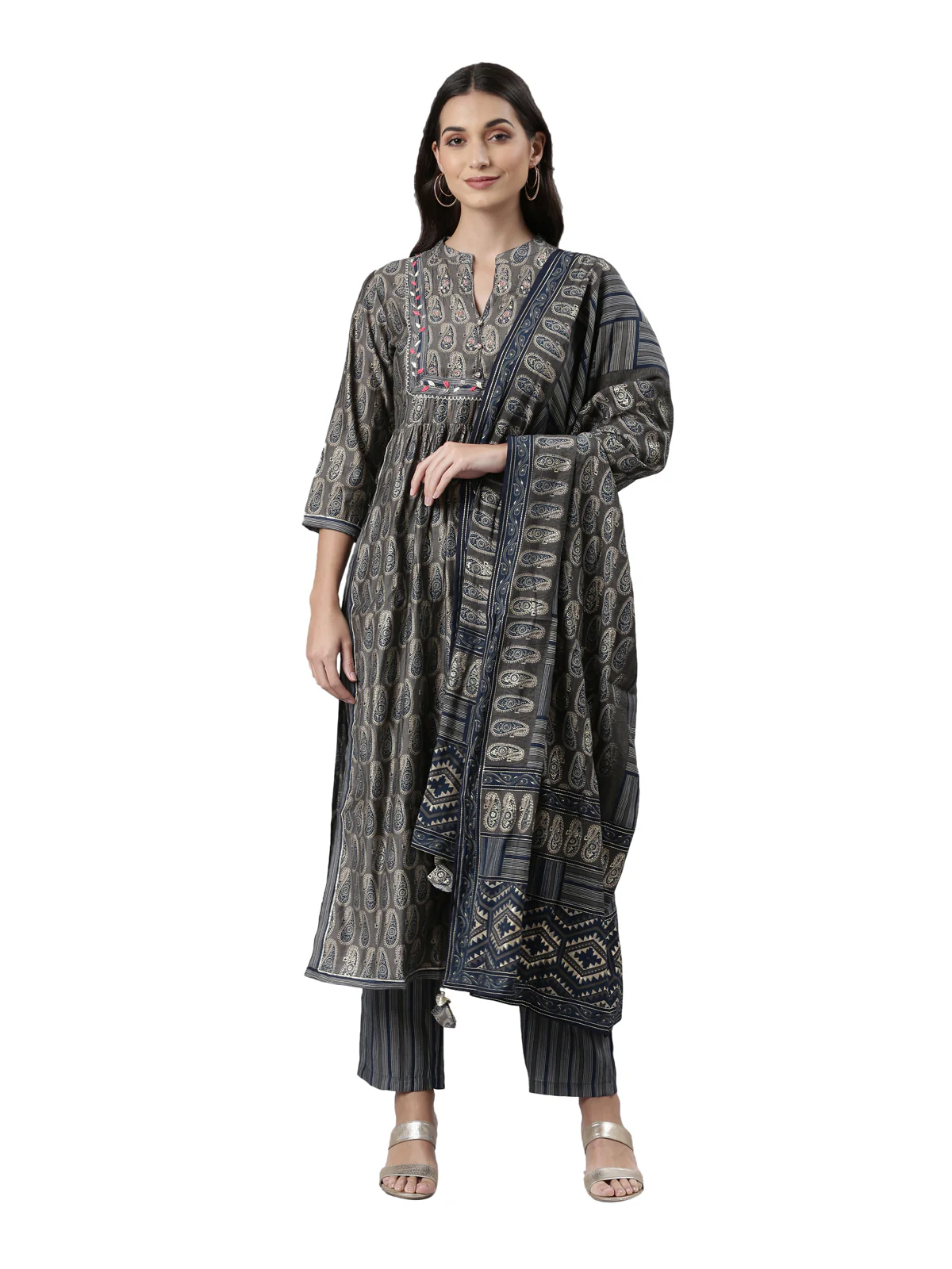 Neerus Grey Regular Calf Length Printed Kurta Printed Trousers With Dupatta