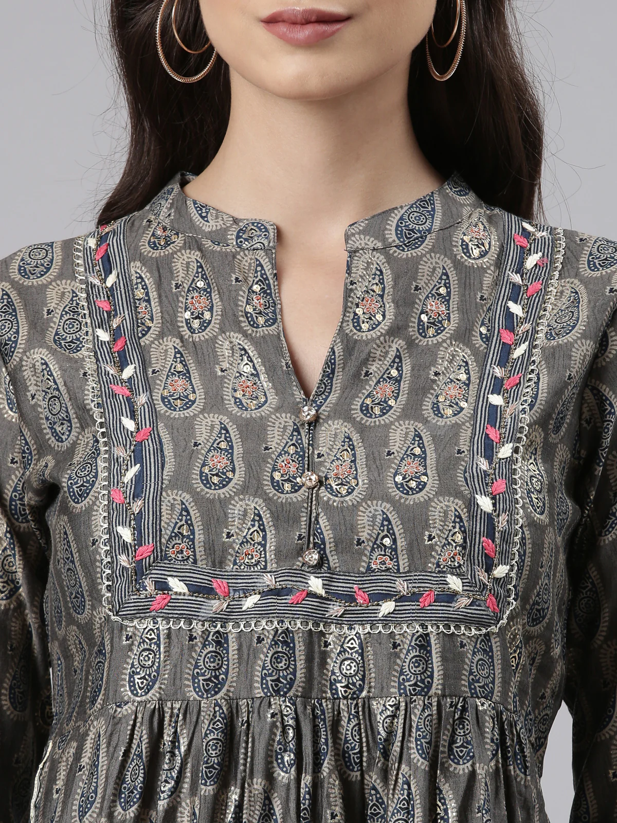 Neerus Grey Regular Calf Length Printed Kurta Printed Trousers With Dupatta - Image 4