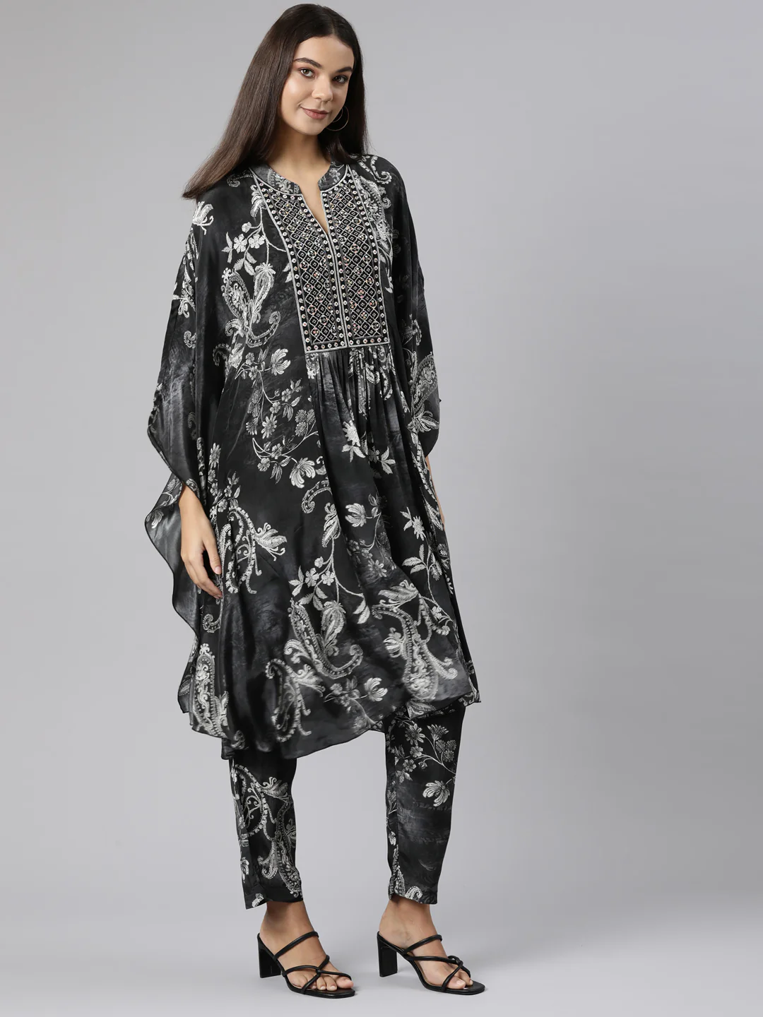 Neerus Grey Regular High-Low Floral Kaftan Kurta Trousers - Image 2