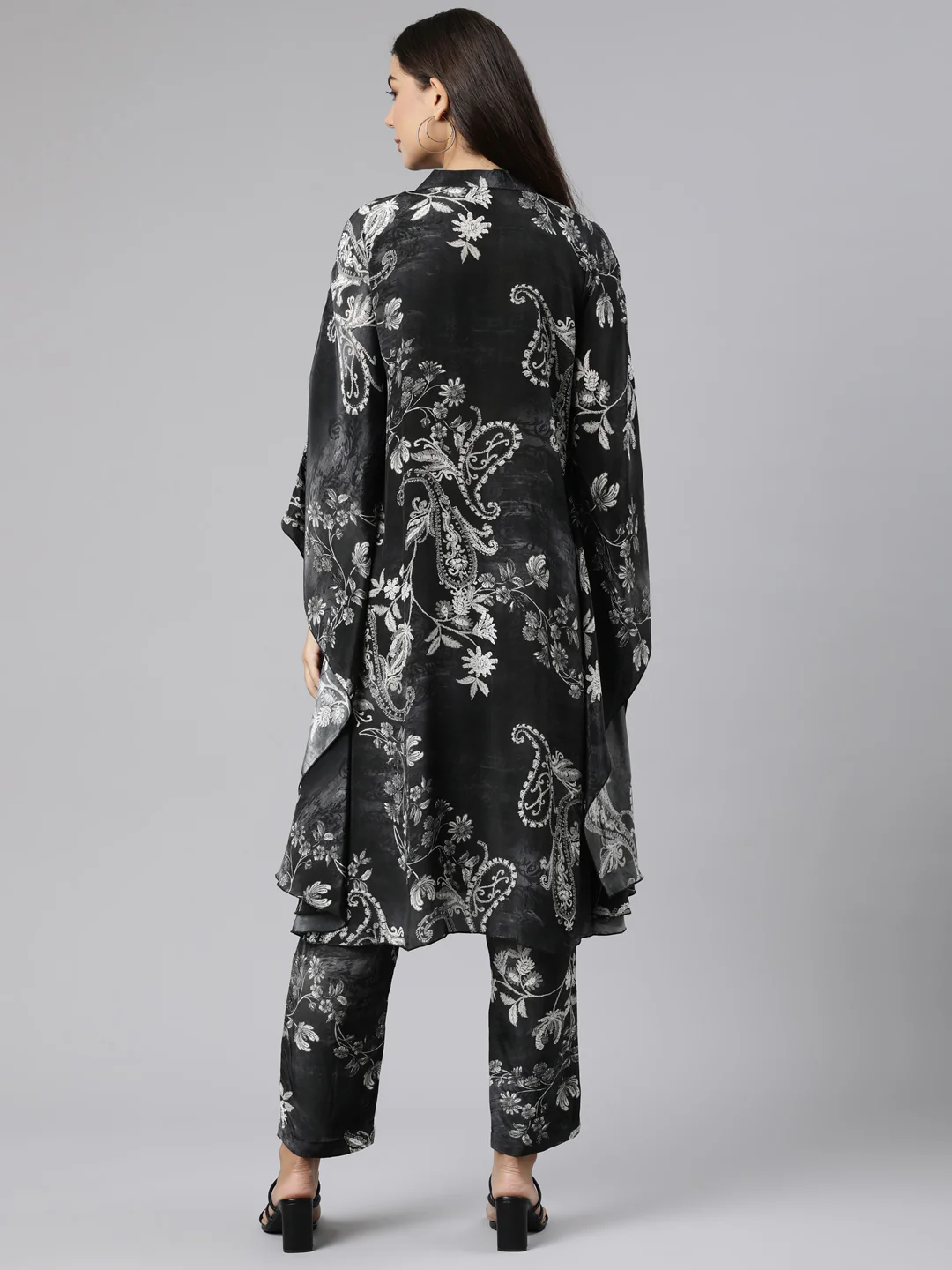Neerus Grey Regular High-Low Floral Kaftan Kurta Trousers - Image 3