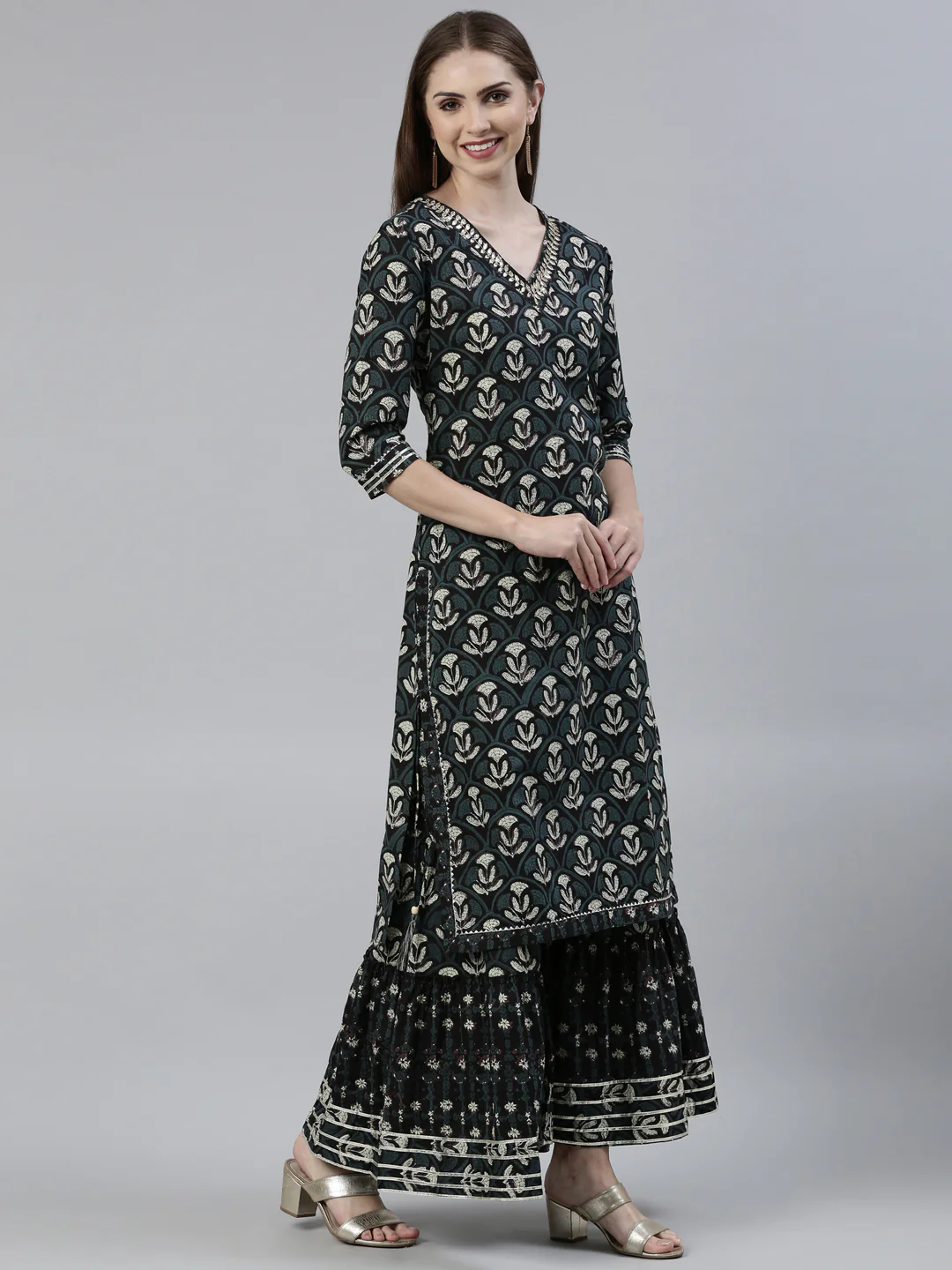 Neerus Grey Regular Knee Length Printed Kurta Printed Sharara With Dupatta - Image 2