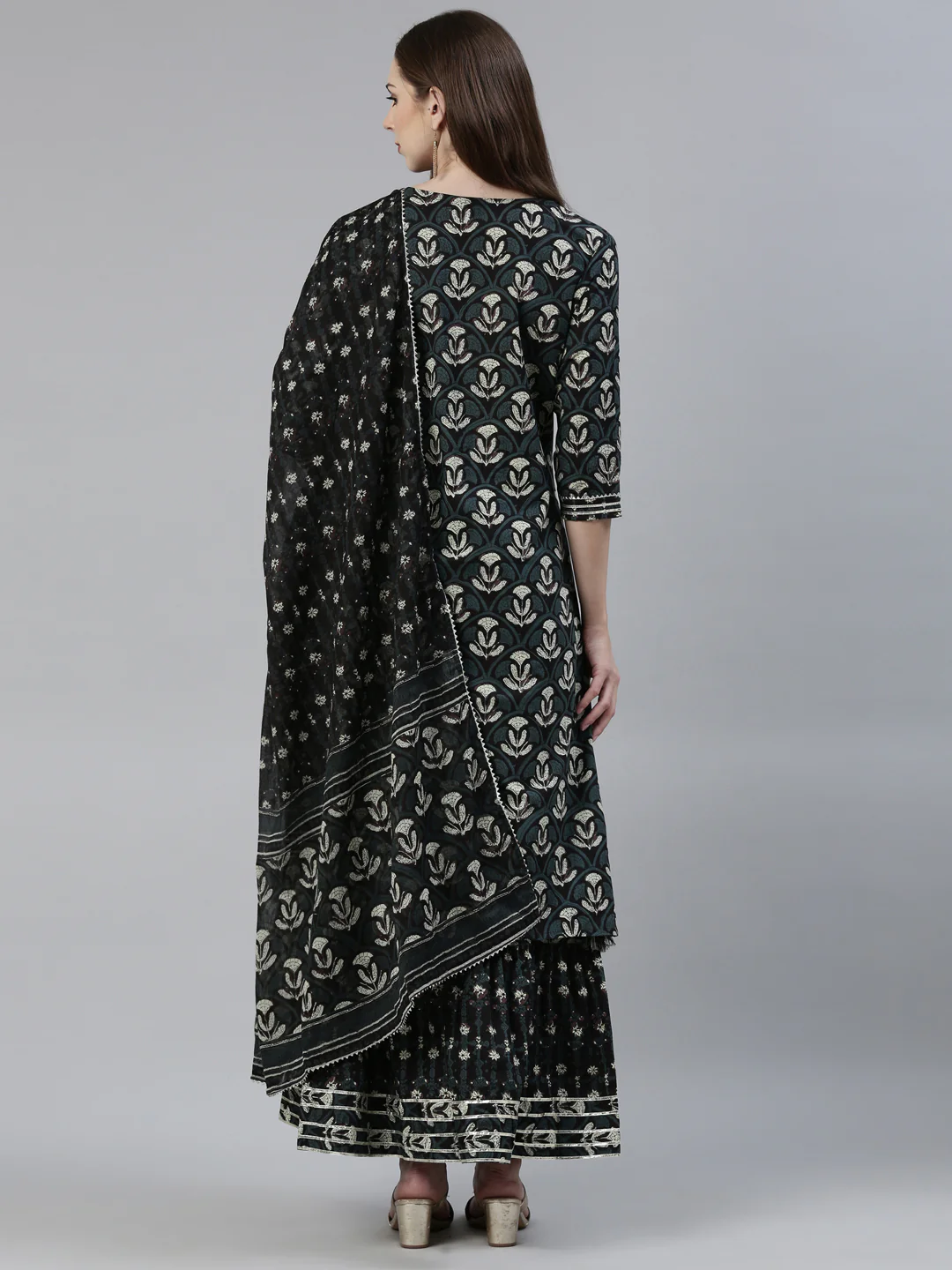 Neerus Grey Regular Knee Length Printed Kurta Printed Sharara With Dupatta - Image 3
