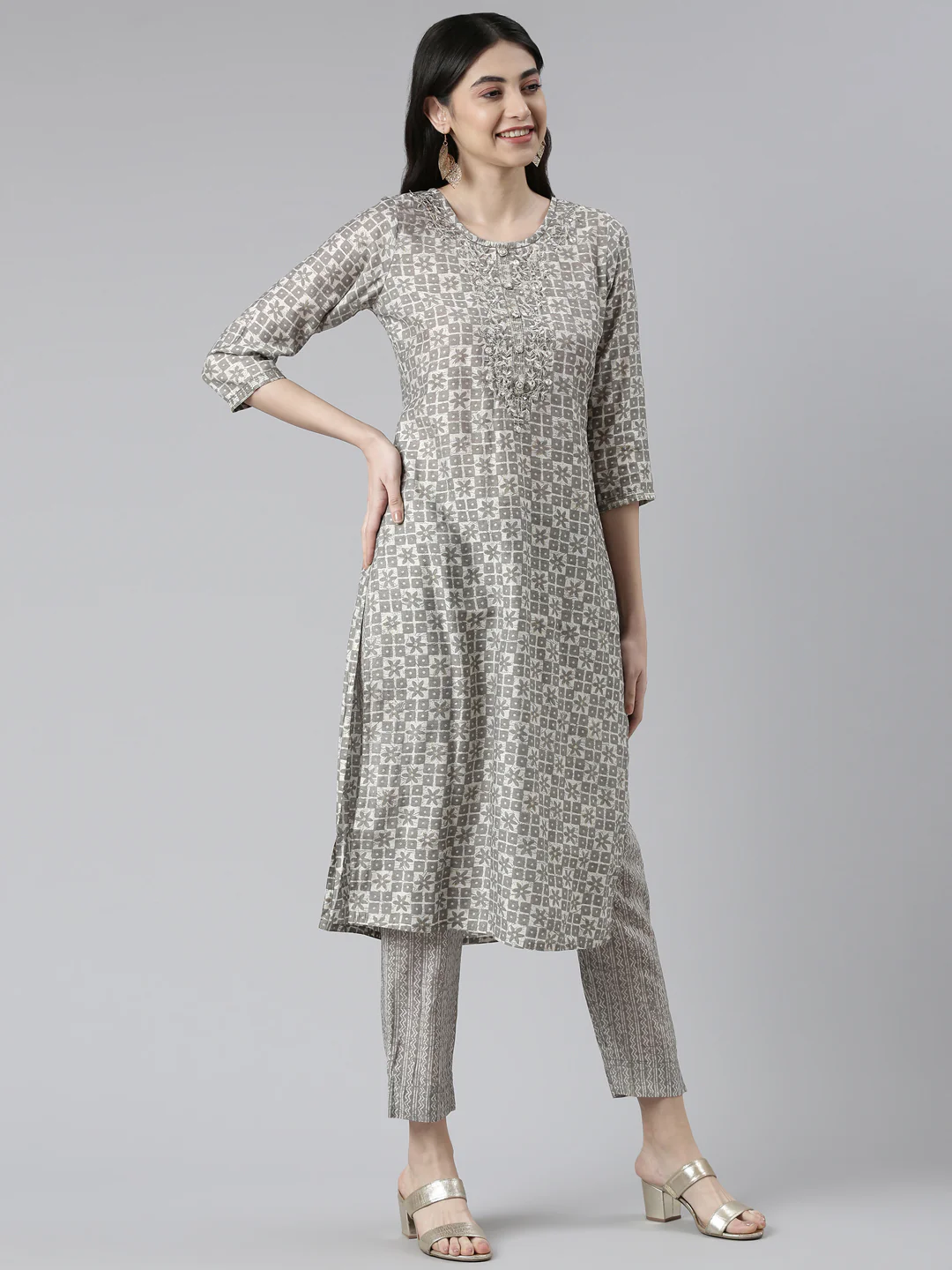 Neerus Grey Regular Knee Length Printed Kurta Printed Trousers Na - Image 2