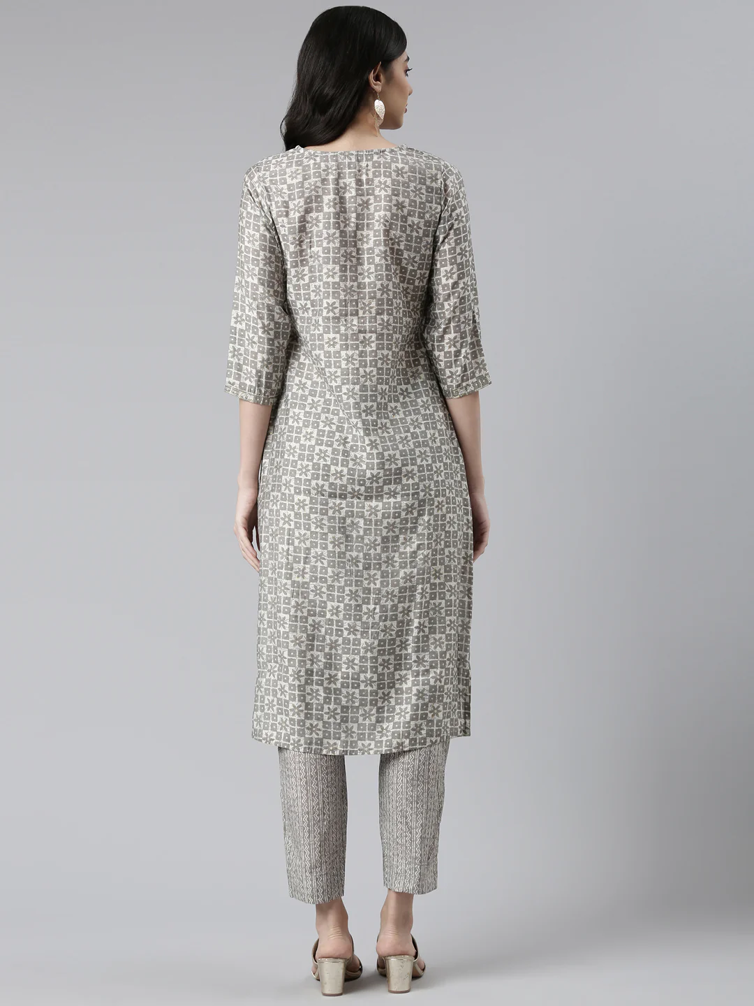 Neerus Grey Regular Knee Length Printed Kurta Printed Trousers Na - Image 3