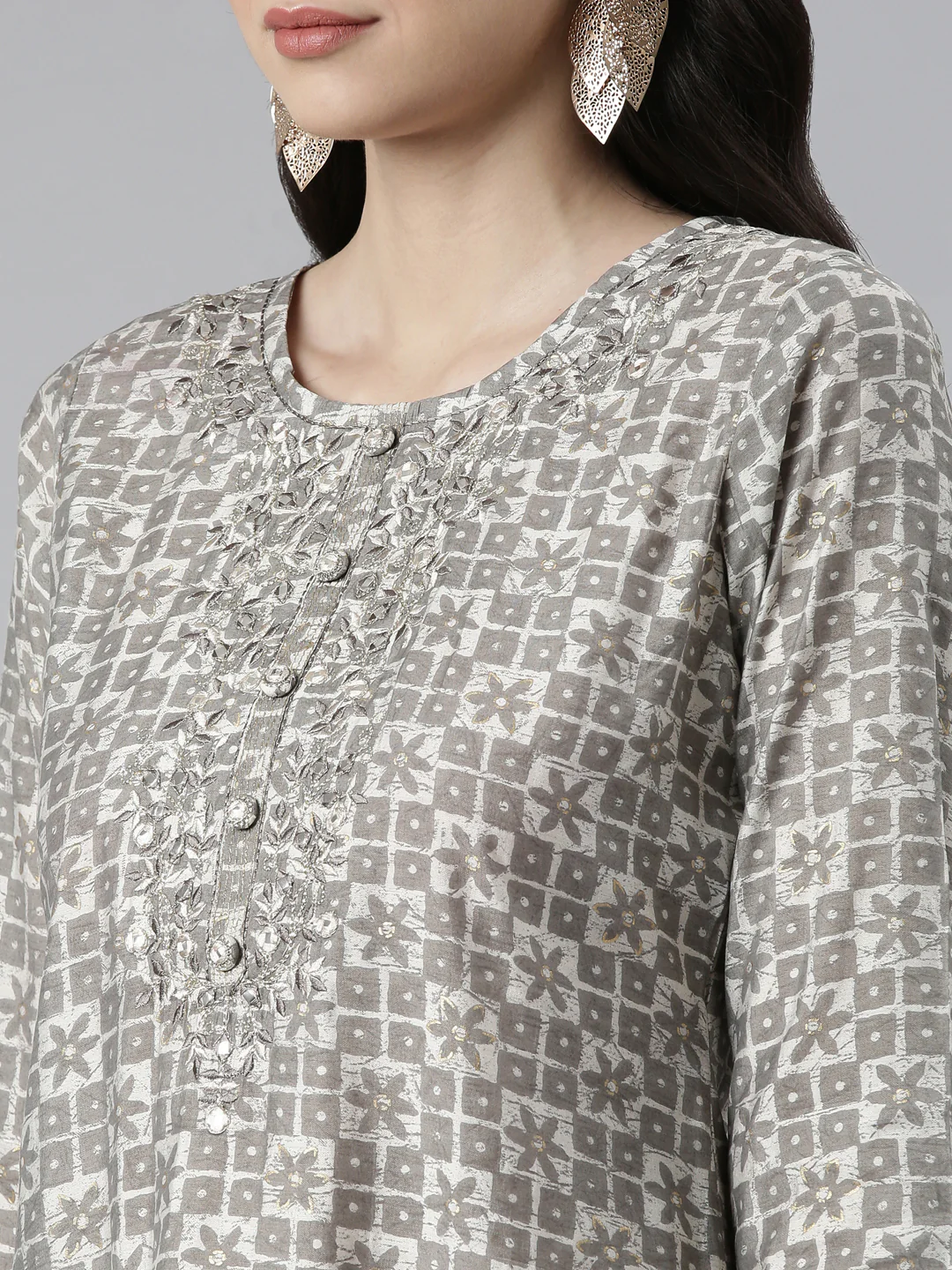 Neerus Grey Regular Knee Length Printed Kurta Printed Trousers Na - Image 4