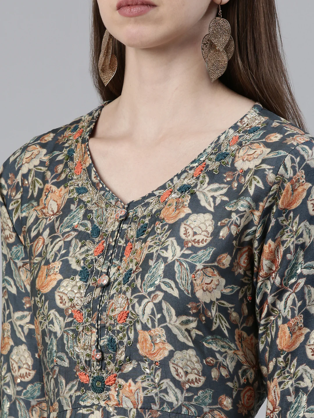 Neerus Grey Regular Knee Length Printed Kurta Printed Trousers With Dupatta - Image 4