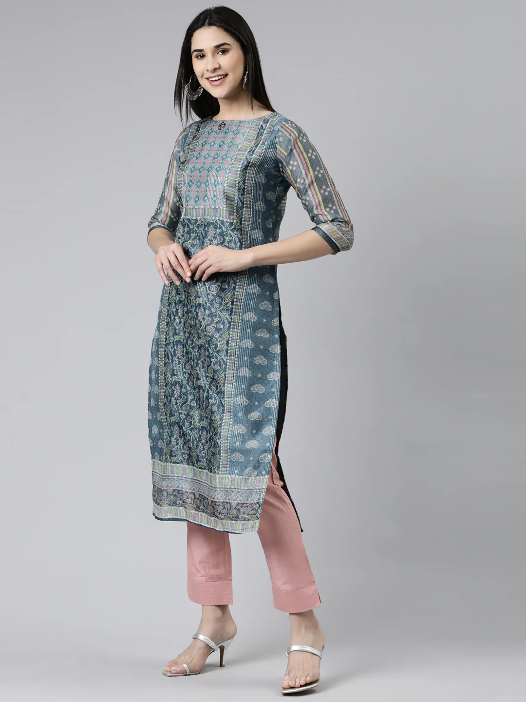 Neerus Grey Regular Knee Length Printed Kurta Solid Trousers With Dupatta - Image 2
