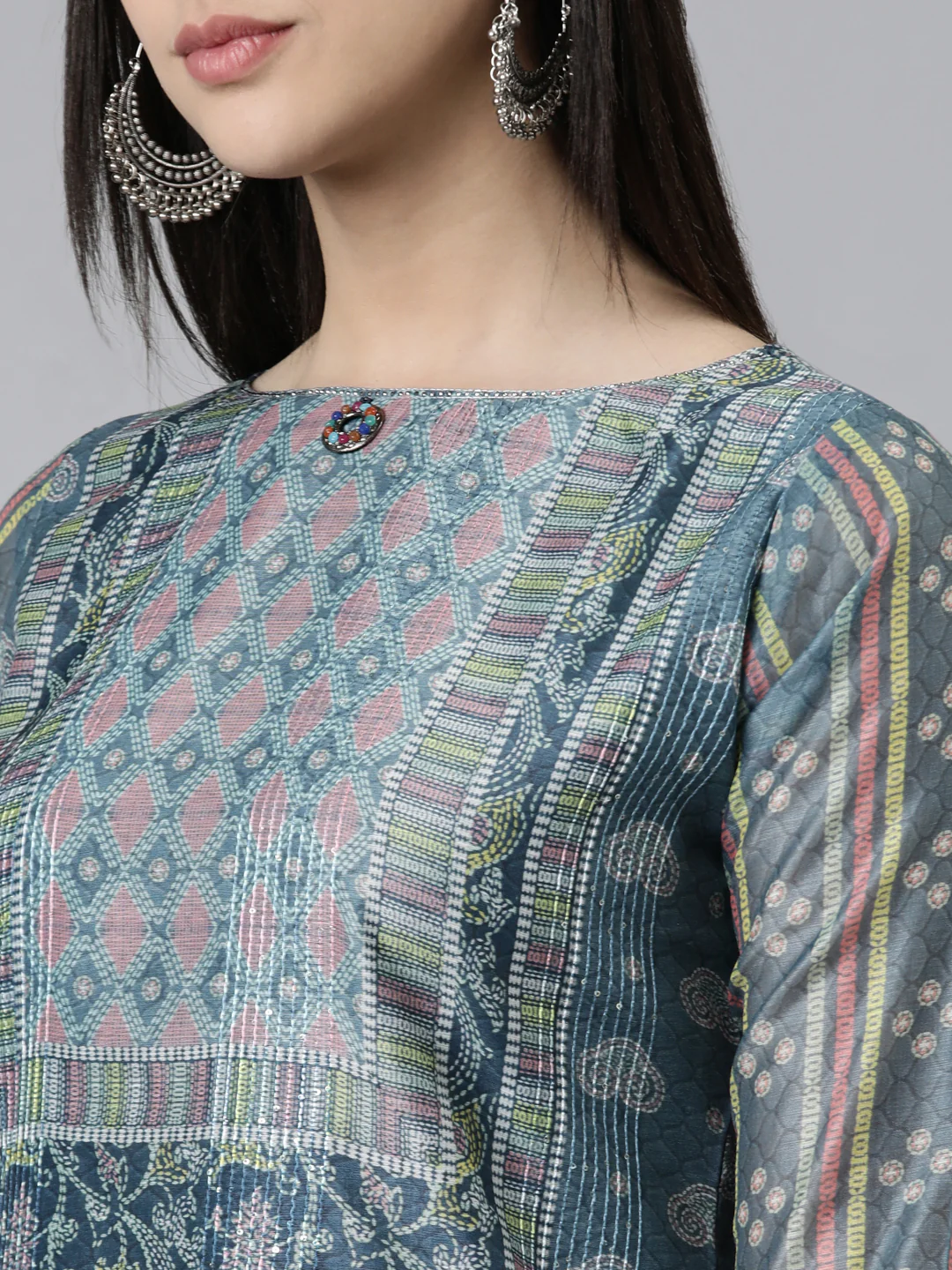 Neerus Grey Regular Knee Length Printed Kurta Solid Trousers With Dupatta - Image 5