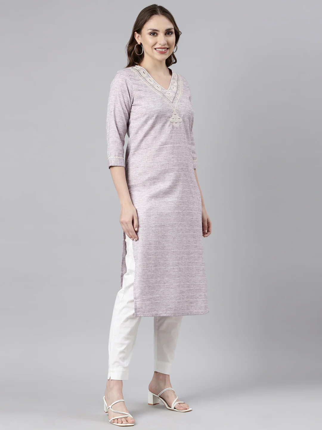 Neerus Grey Regular Straight Checked Kurta - Image 2