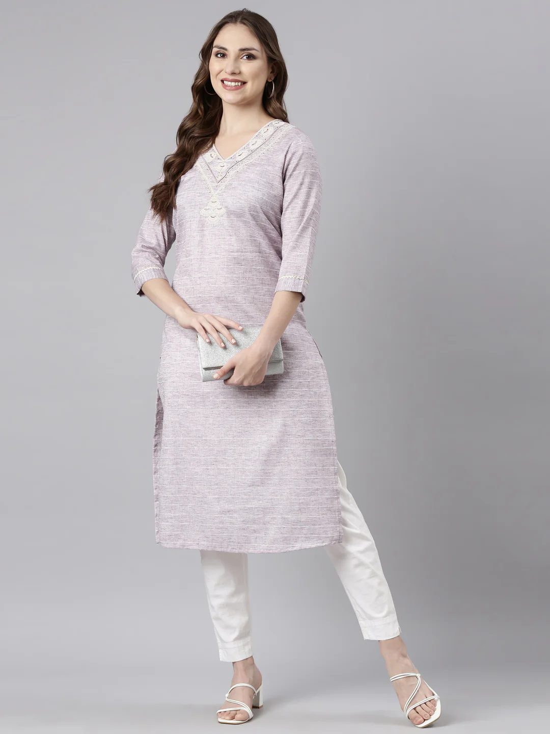 Neerus Grey Regular Straight Checked Kurta - Image 5