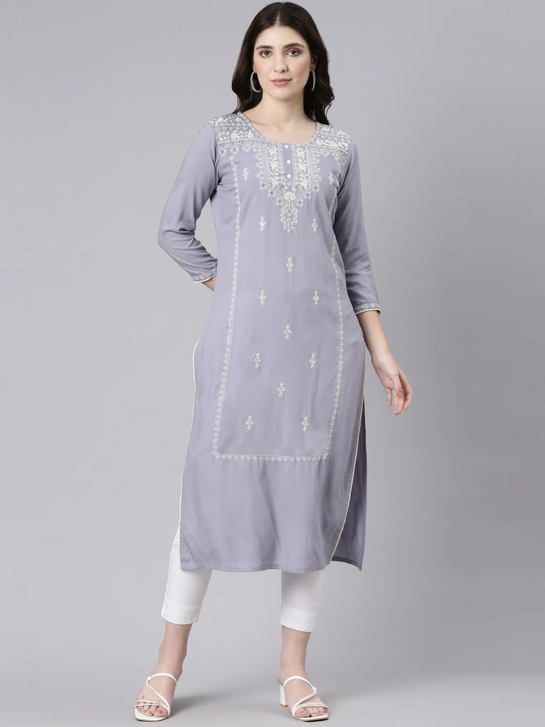 Neerus Grey Regular Straight Embroidered Kurta