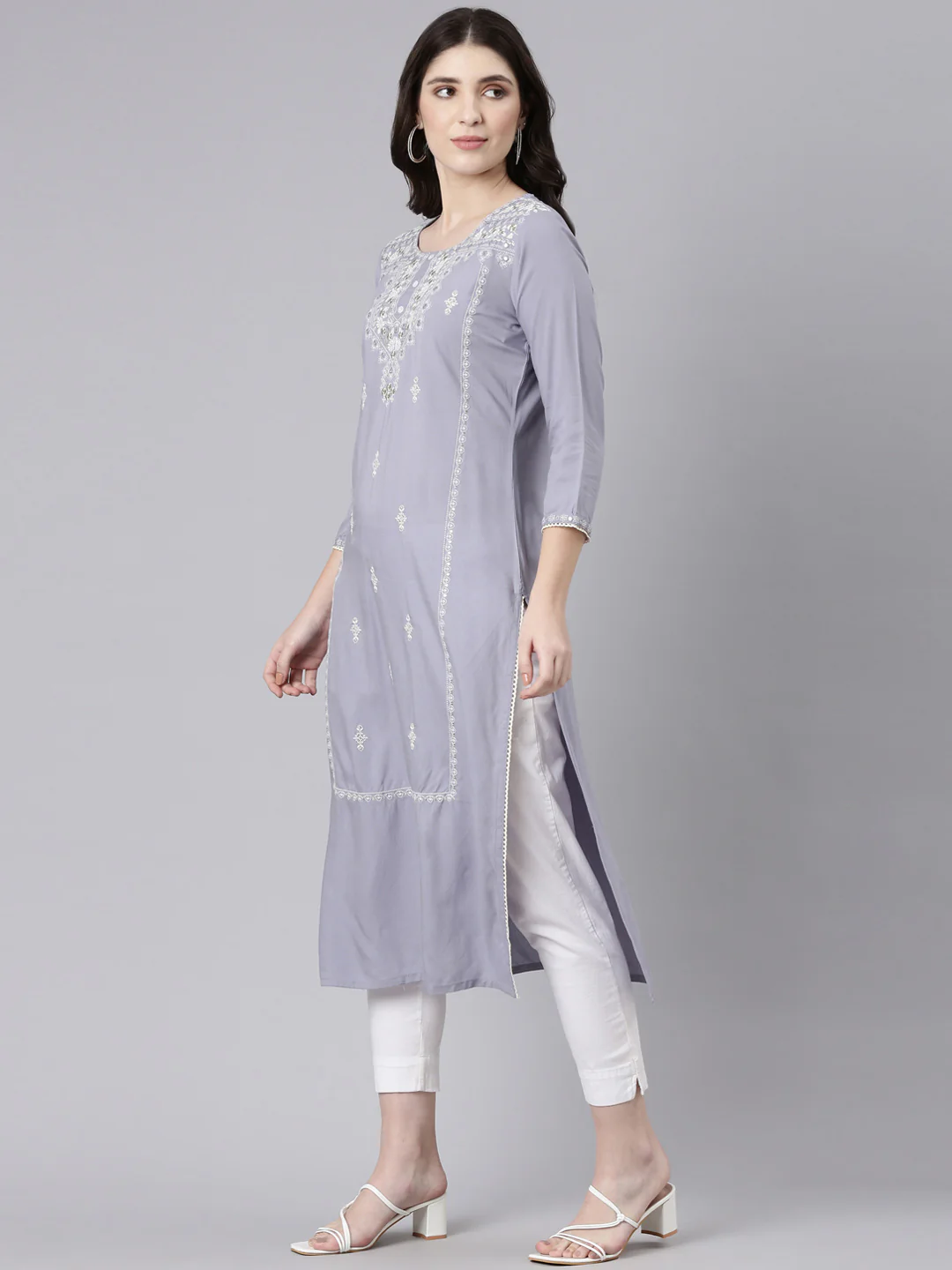 Neerus Grey Regular Straight Embroidered Kurta - Image 2