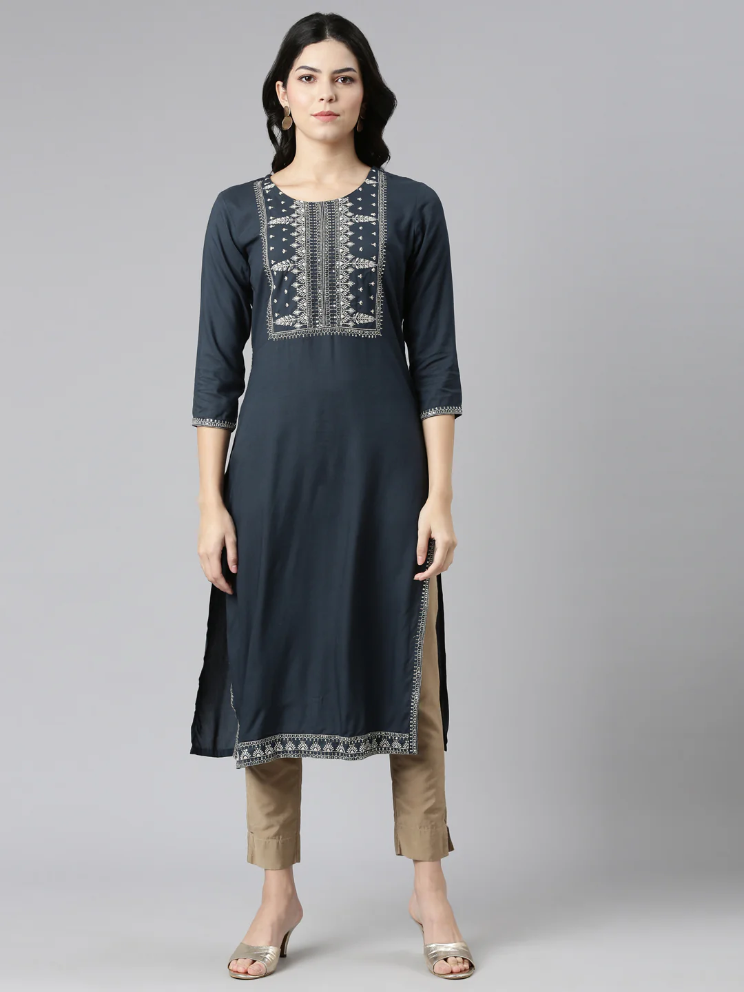 Neerus Grey Regular Straight Embroidered Kurta