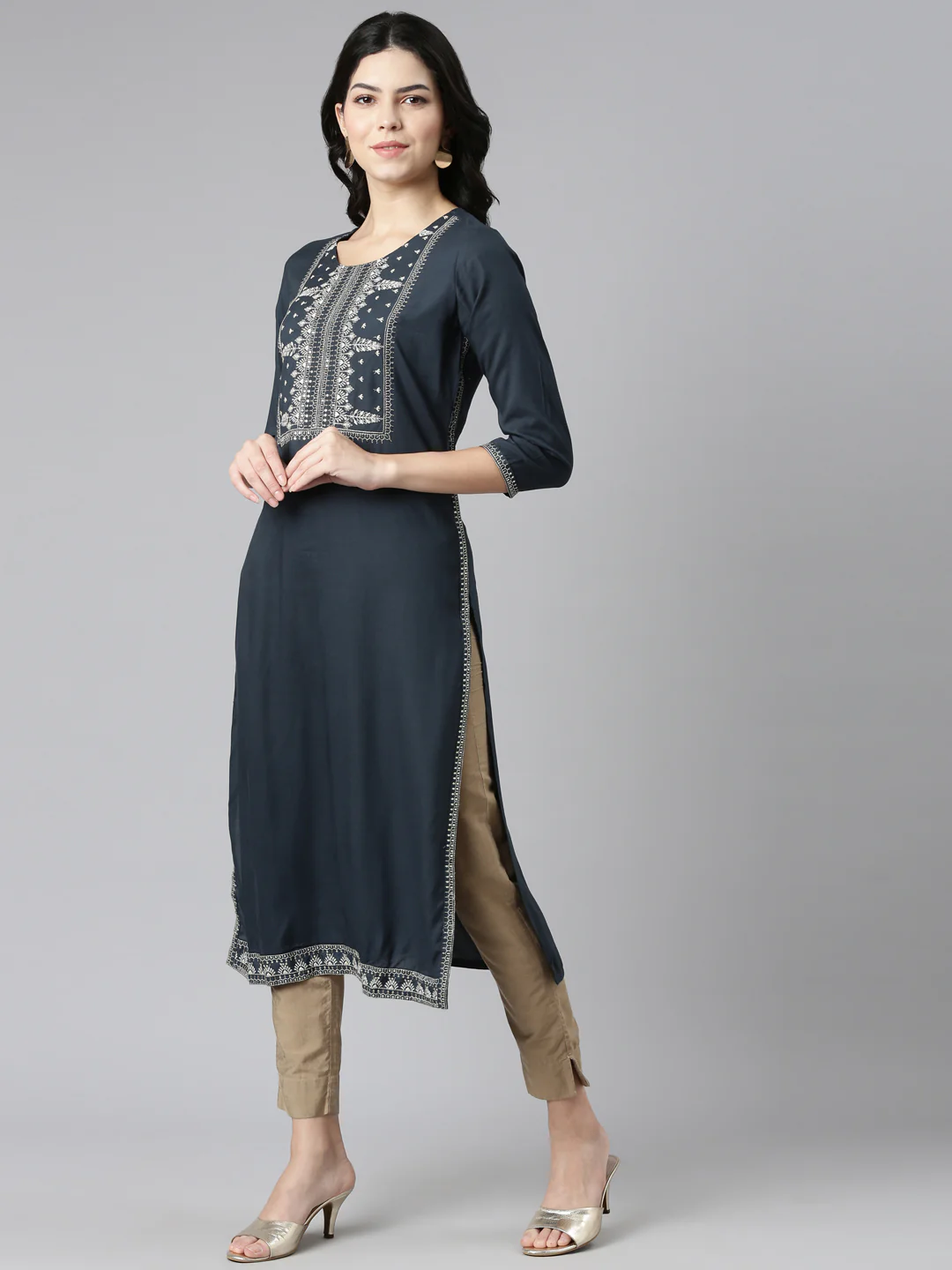 Neerus Grey Regular Straight Embroidered Kurta - Image 2