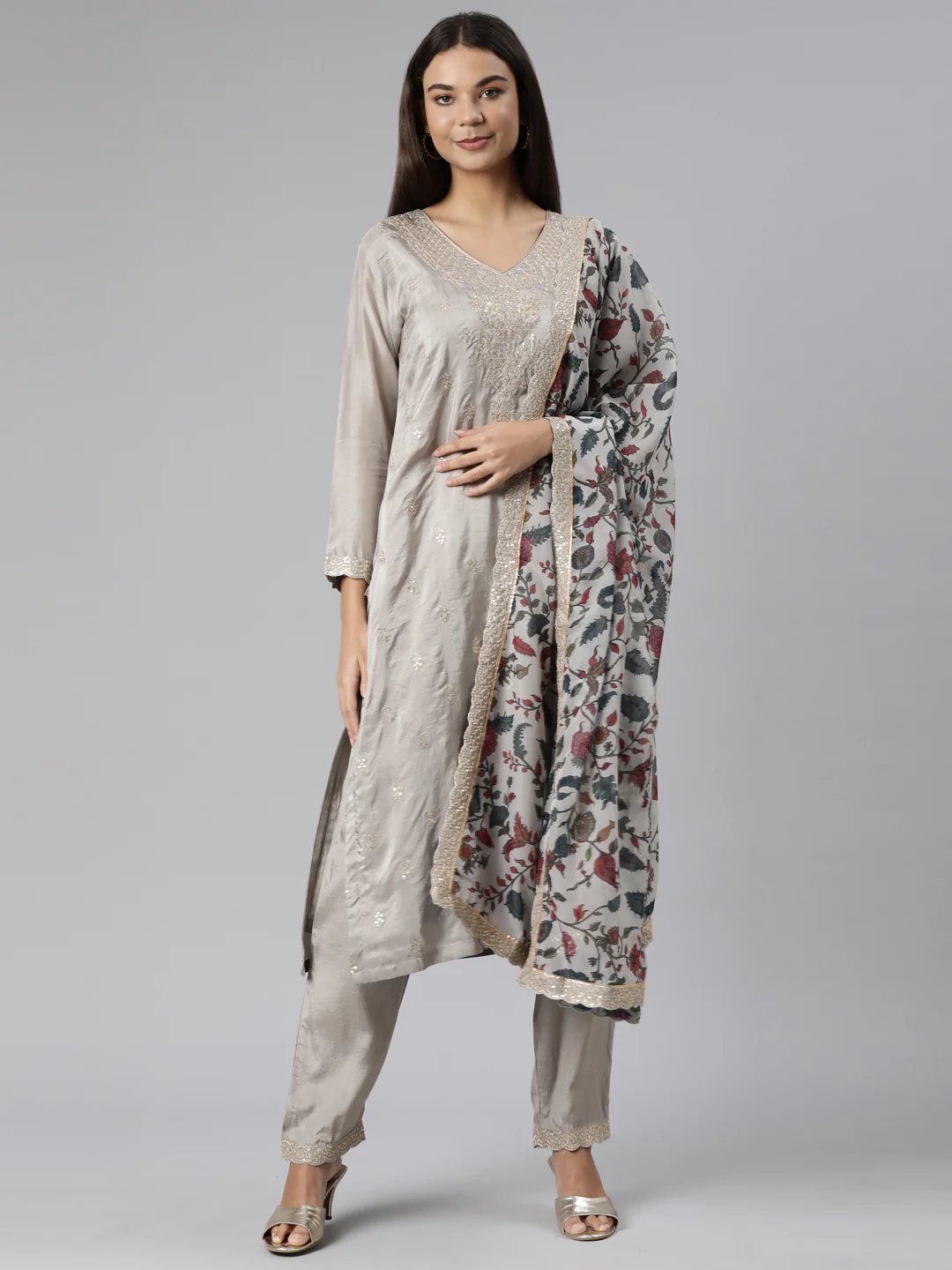 Neerus Grey Regular Straight Floral Kurta And Trousers With Dupatta