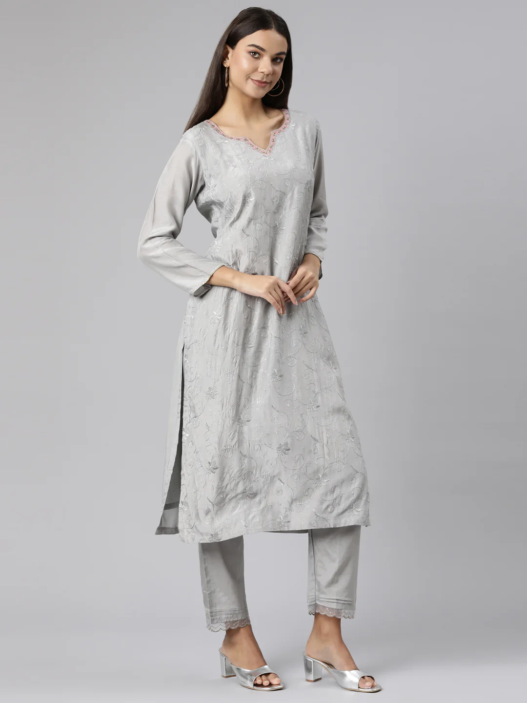 Neerus Grey Regular Straight Floral Kurta And Trousers With Dupatta - Image 2