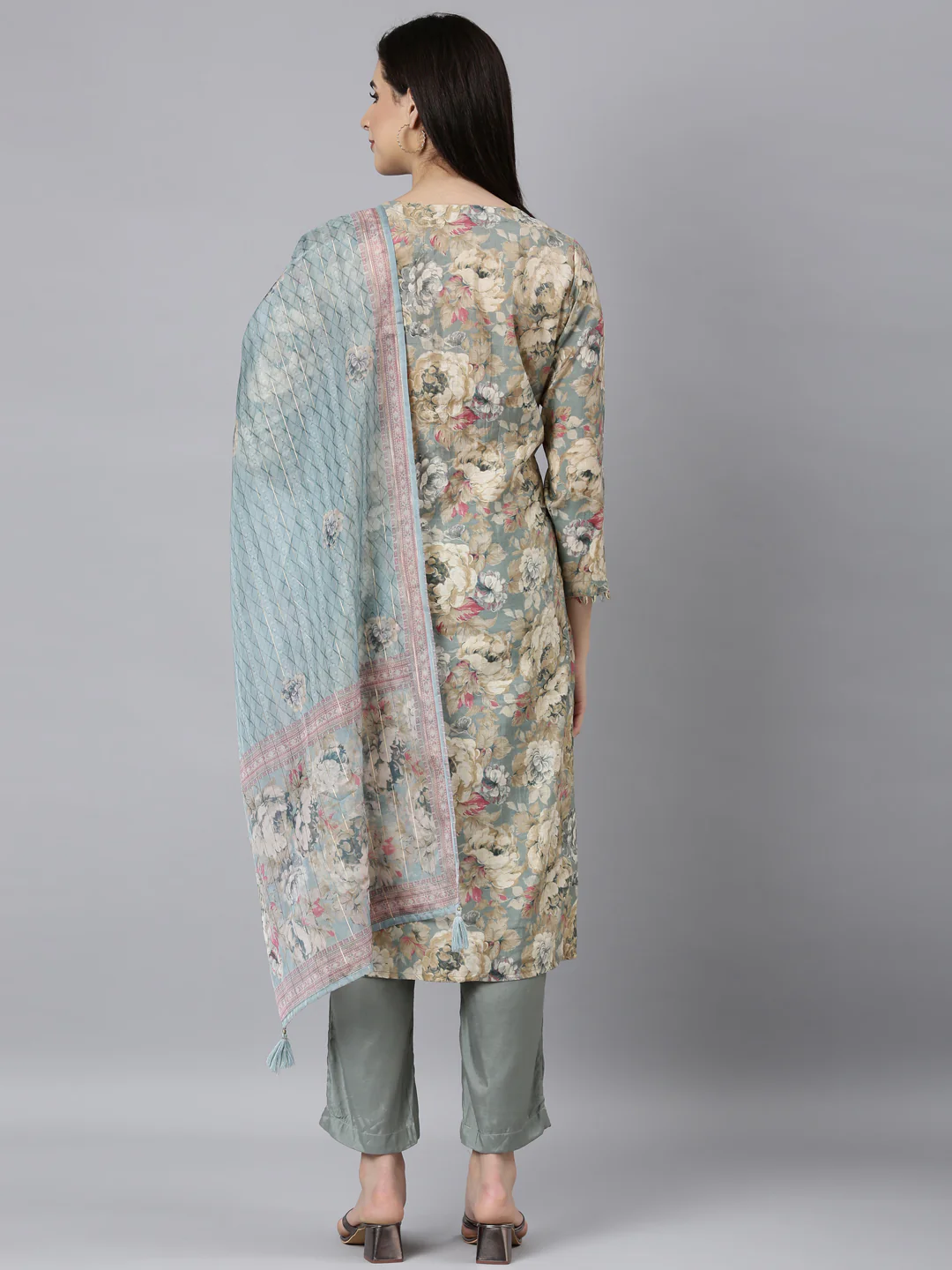 Neerus Grey Regular Straight Floral Kurta And Trousers With Dupatta - Image 3