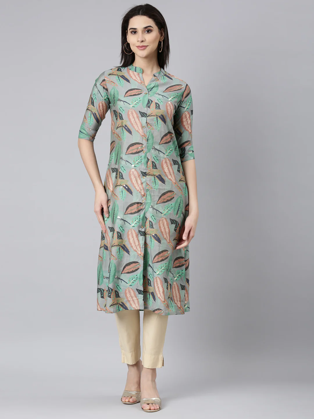 Neerus Grey Regular Straight Floral Kurta