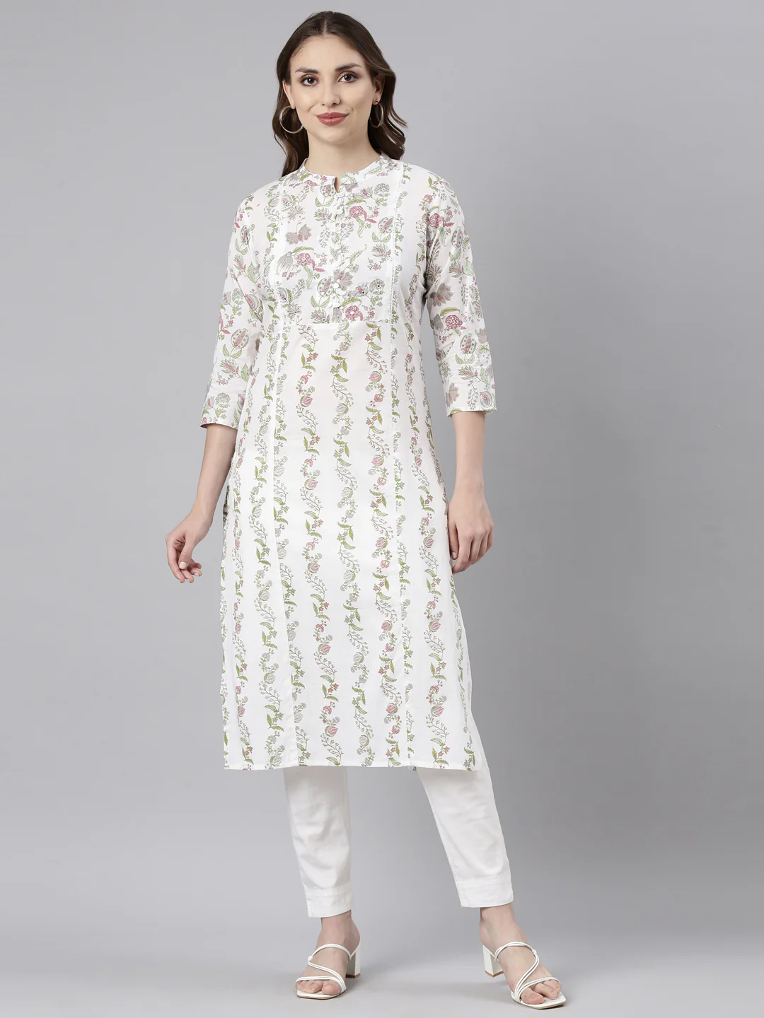 Neerus Grey Regular Straight Floral Kurta