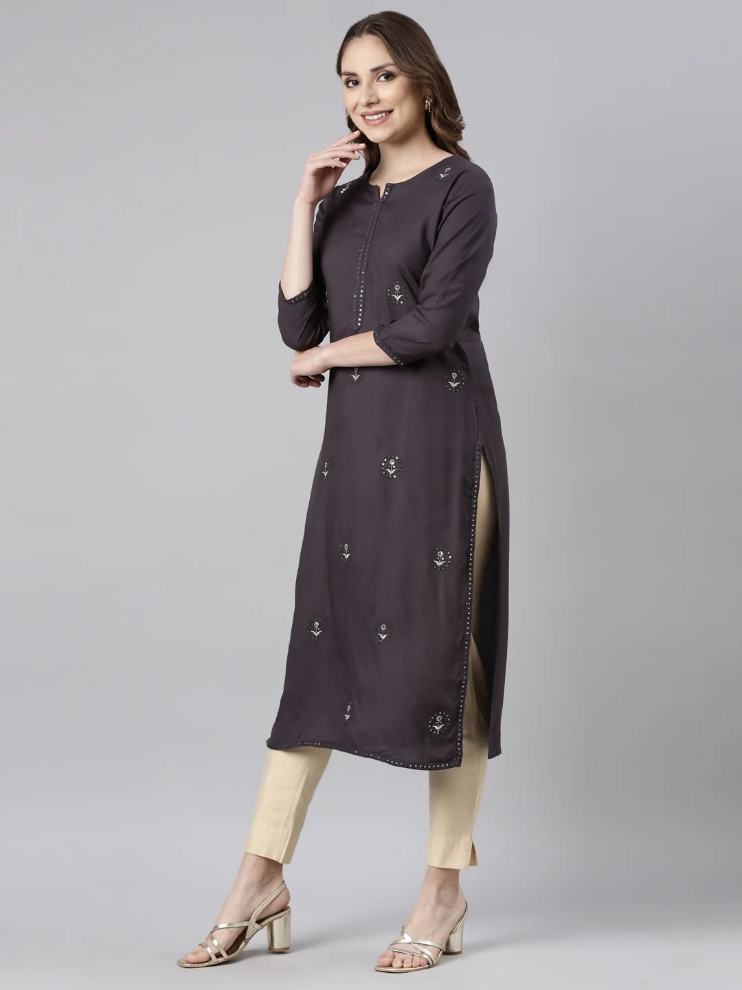 Neerus Grey Regular Straight Floral Kurta - Image 2