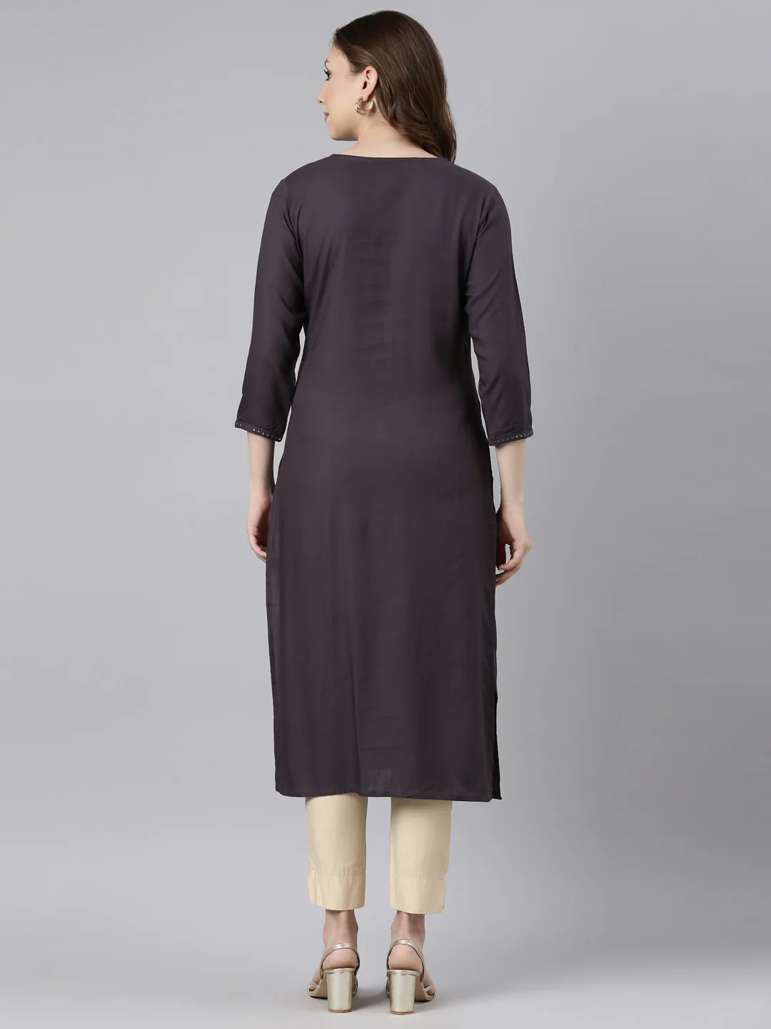 Neerus Grey Regular Straight Floral Kurta - Image 3
