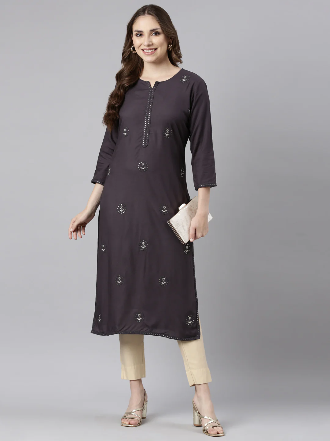 Neerus Grey Regular Straight Floral Kurta - Image 5