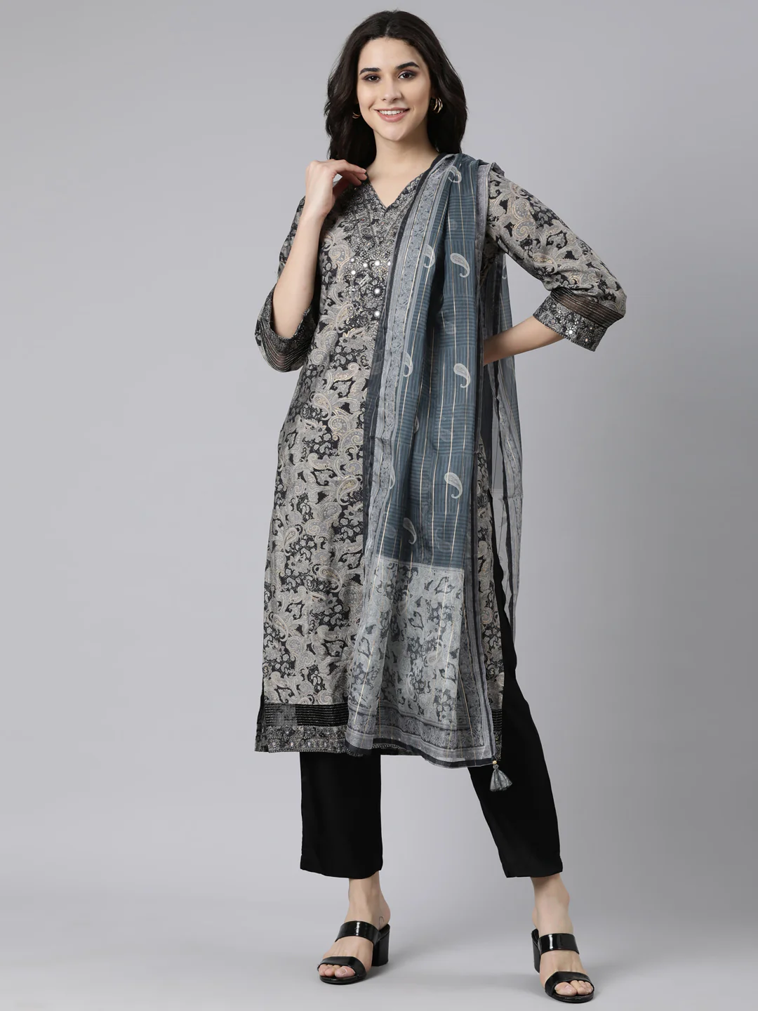 Neerus Grey Regular Straight Paisley Kurta And Trousers With Dupatta