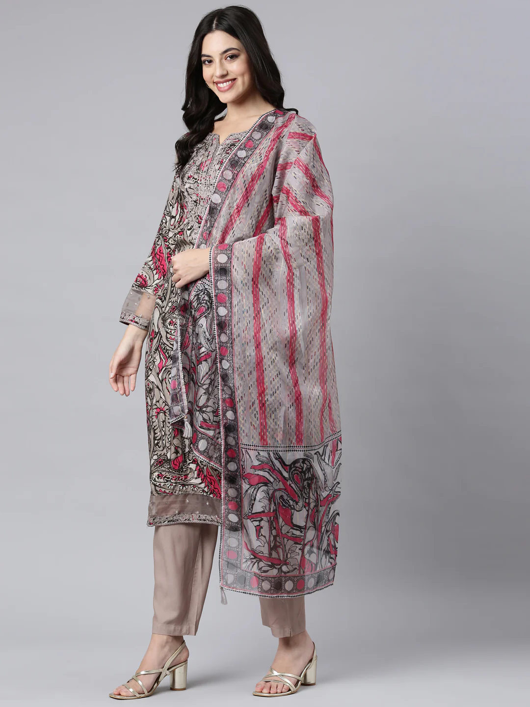 Neerus Grey Regular Straight Paisley Kurta And Trousers With Dupatta - Image 5