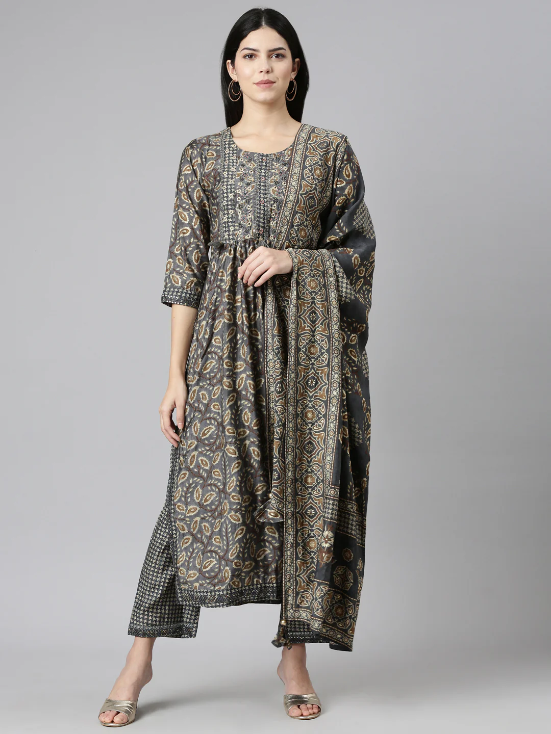 Neerus Grey Regular Straight Printed Kurta And Trousers With Dupatta