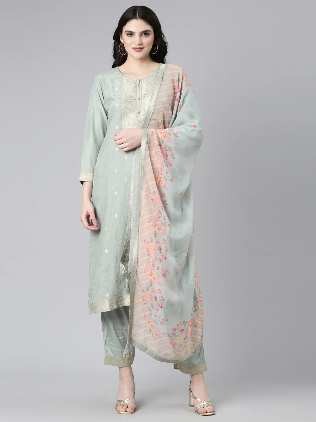 Neerus Grey Regular Straight Printed Kurta And Trousers With Dupatta