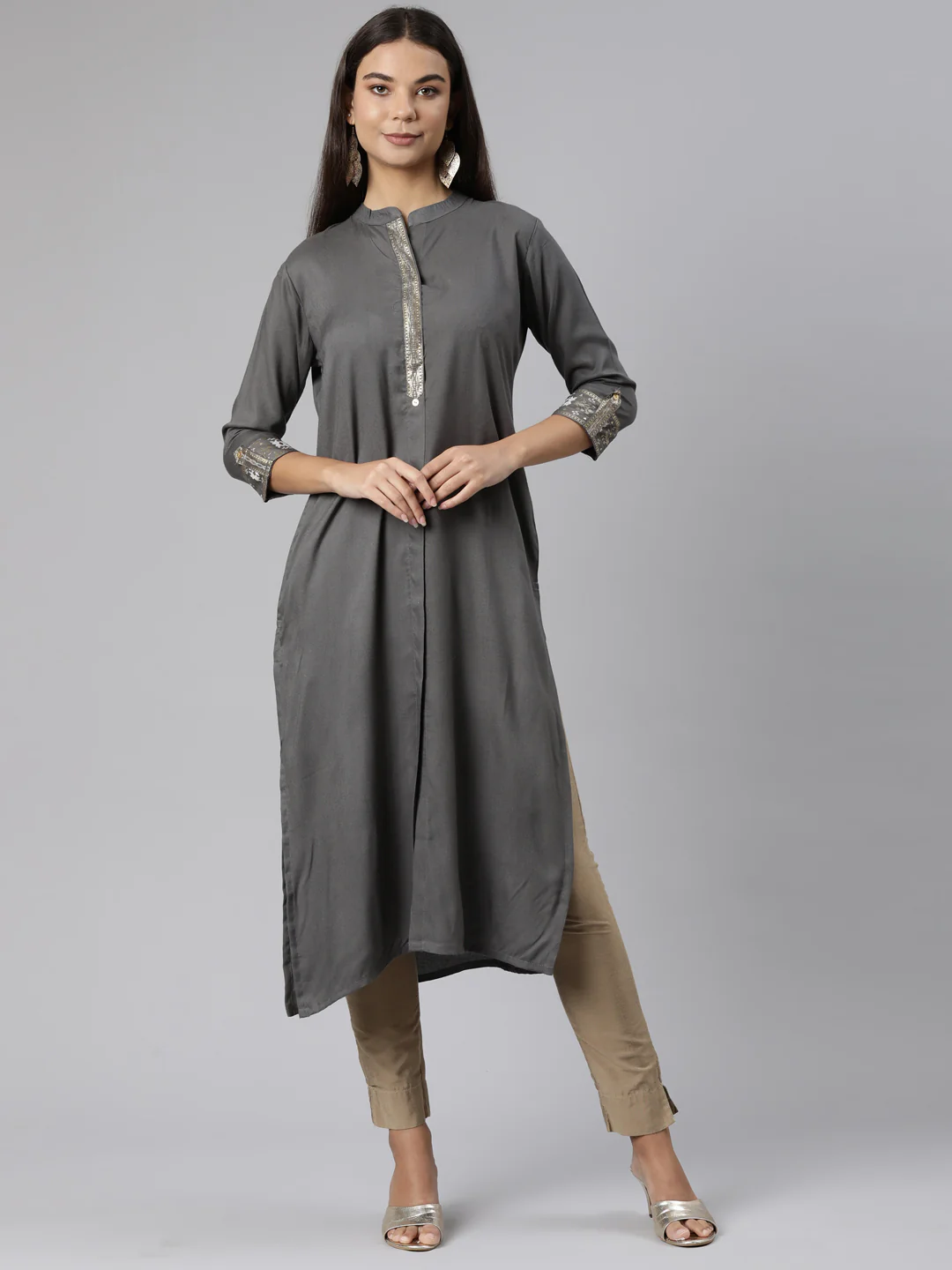 Neerus Grey Regular Straight Solid Kurta
