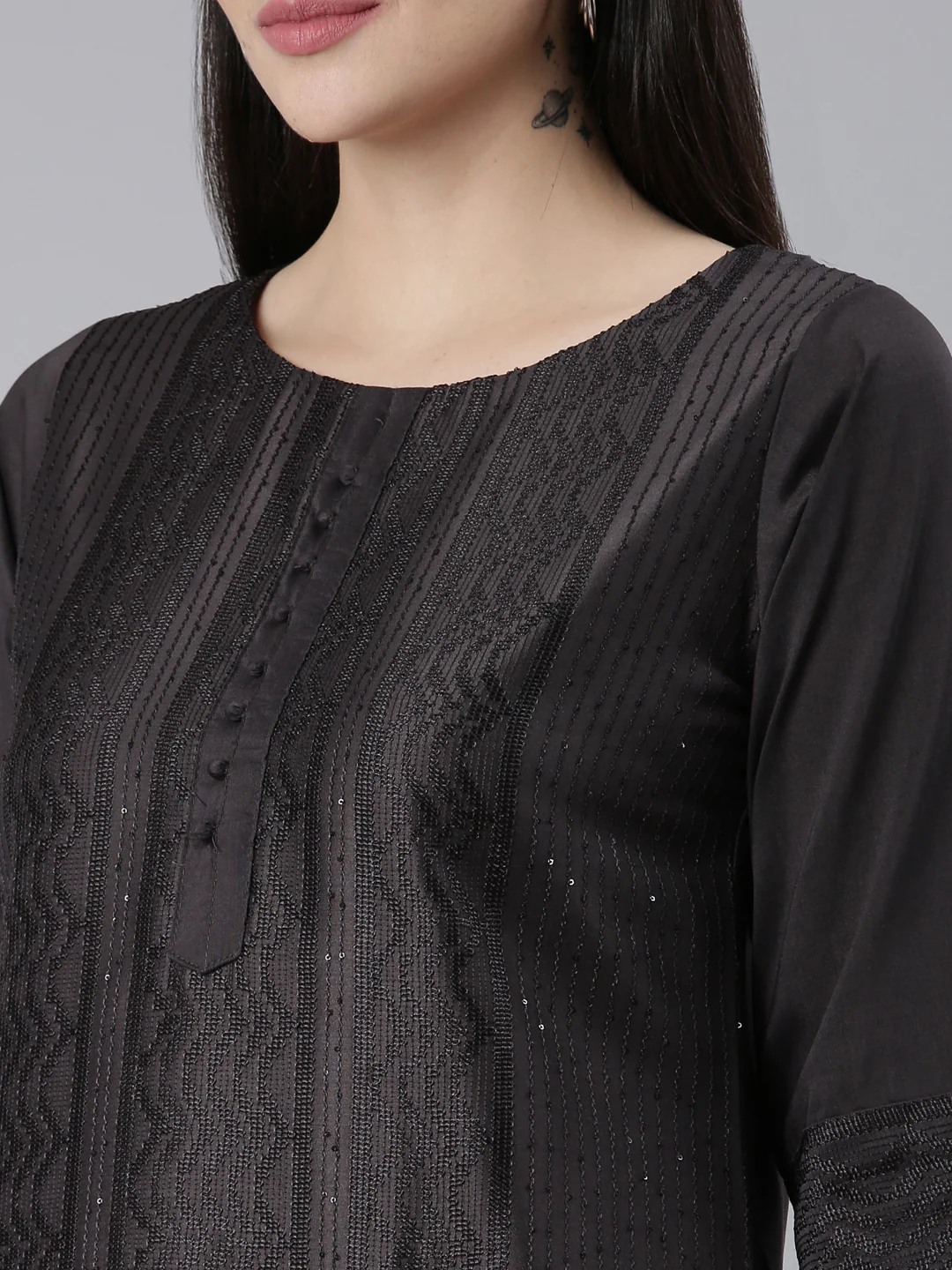 Neerus Grey Regular Straight Woven Design Kurta - Image 4