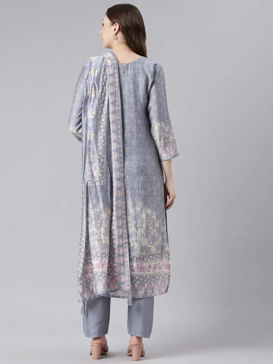 Neerus Grey Santoon Straight Casual Floral Kurta and Trouser with Dupatta - Image 4