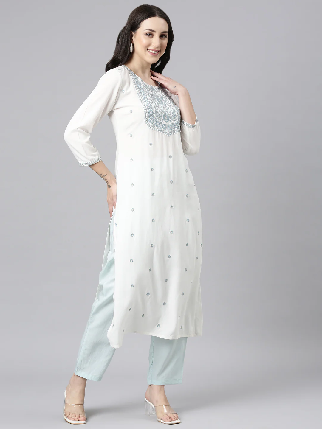 Neerus Grey Straight Casual Embellished Kurta - Image 2