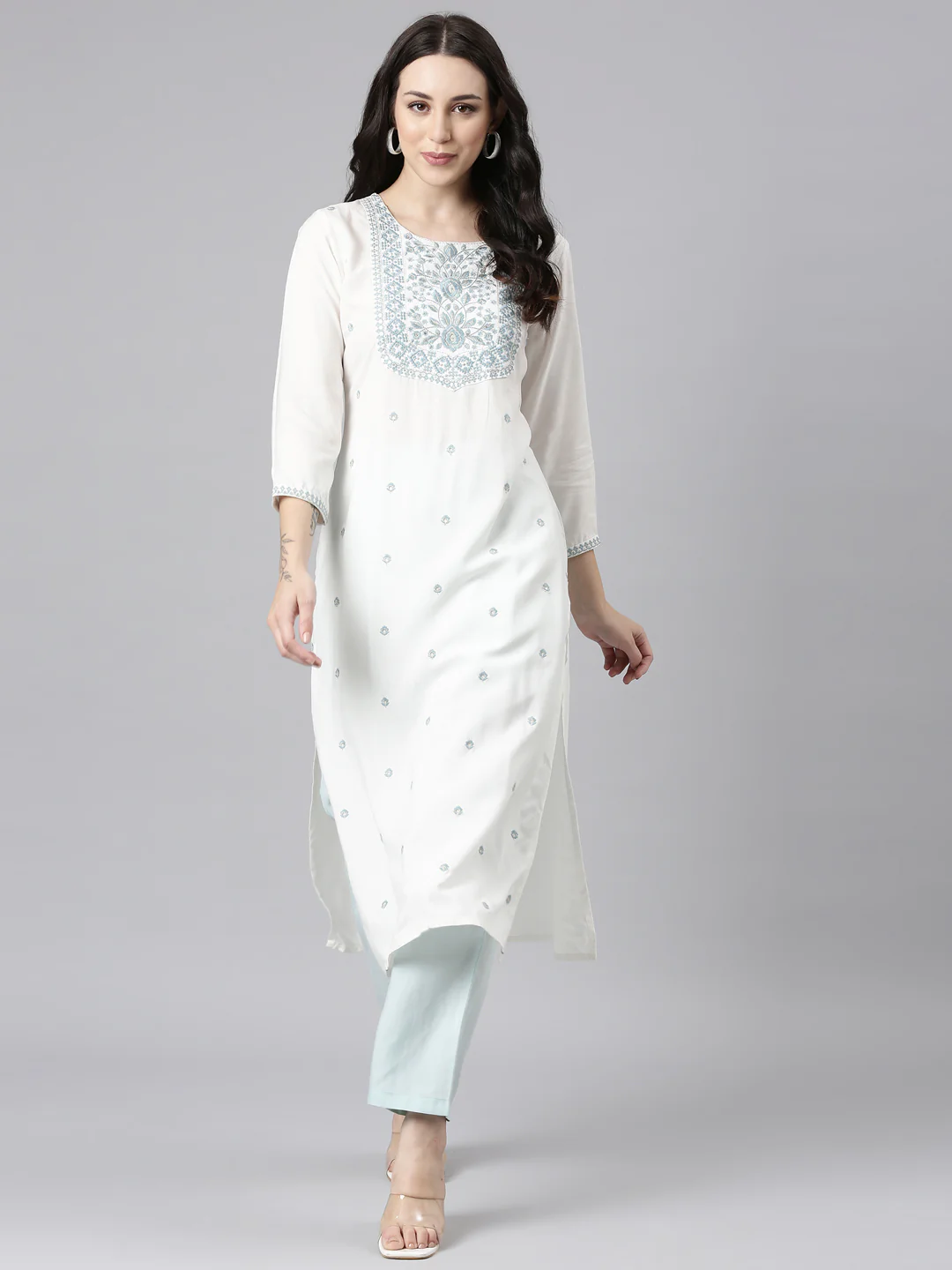 Neerus Grey Straight Casual Embellished Kurta - Image 5
