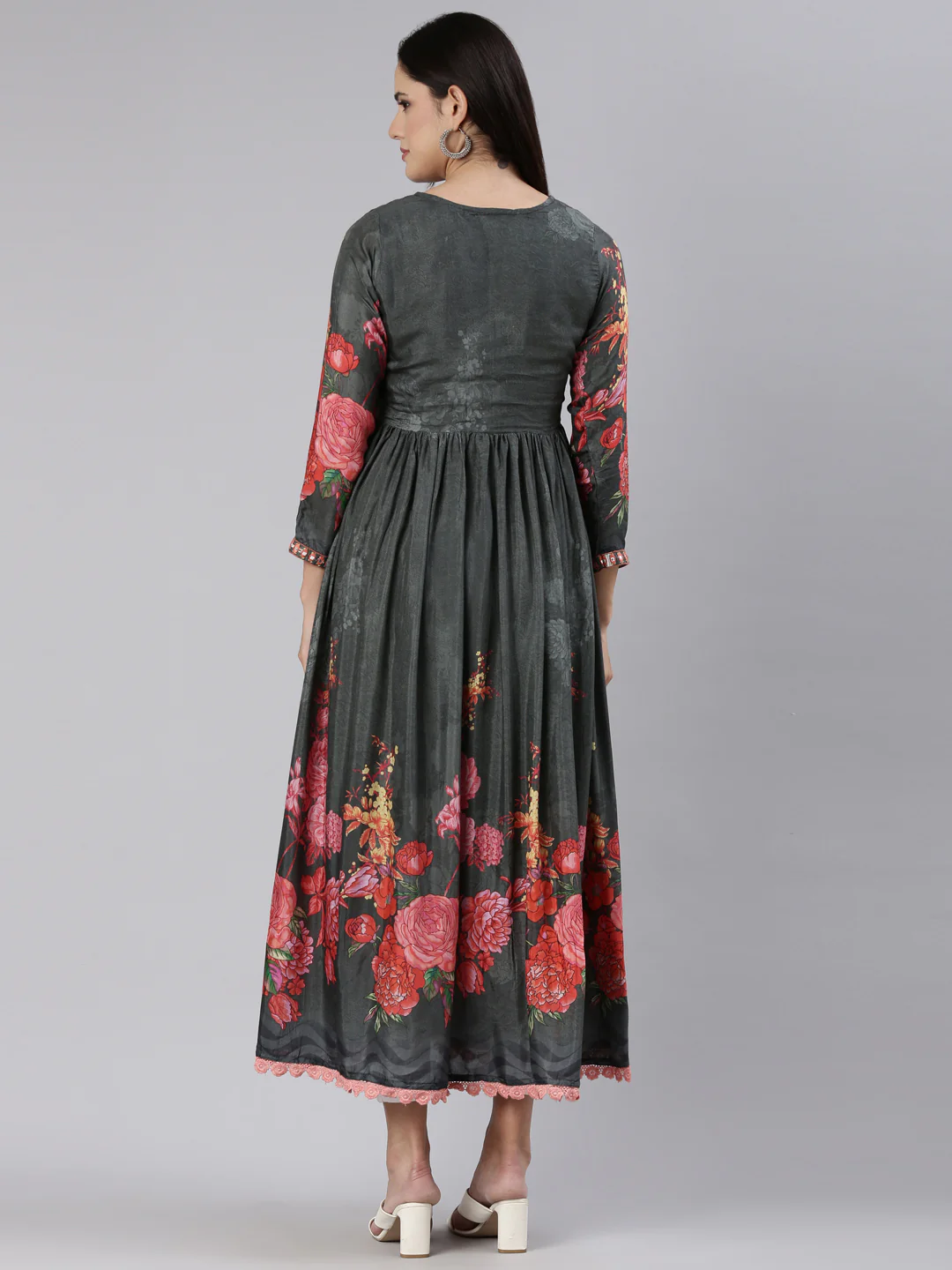 Neerus Grey Straight Casual Floral Dress - Image 3