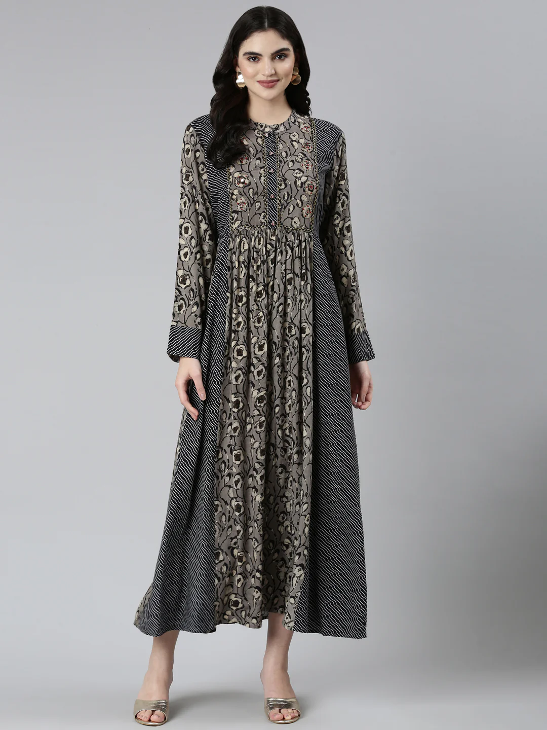 Neerus Grey Straight Casual Floral Dresses