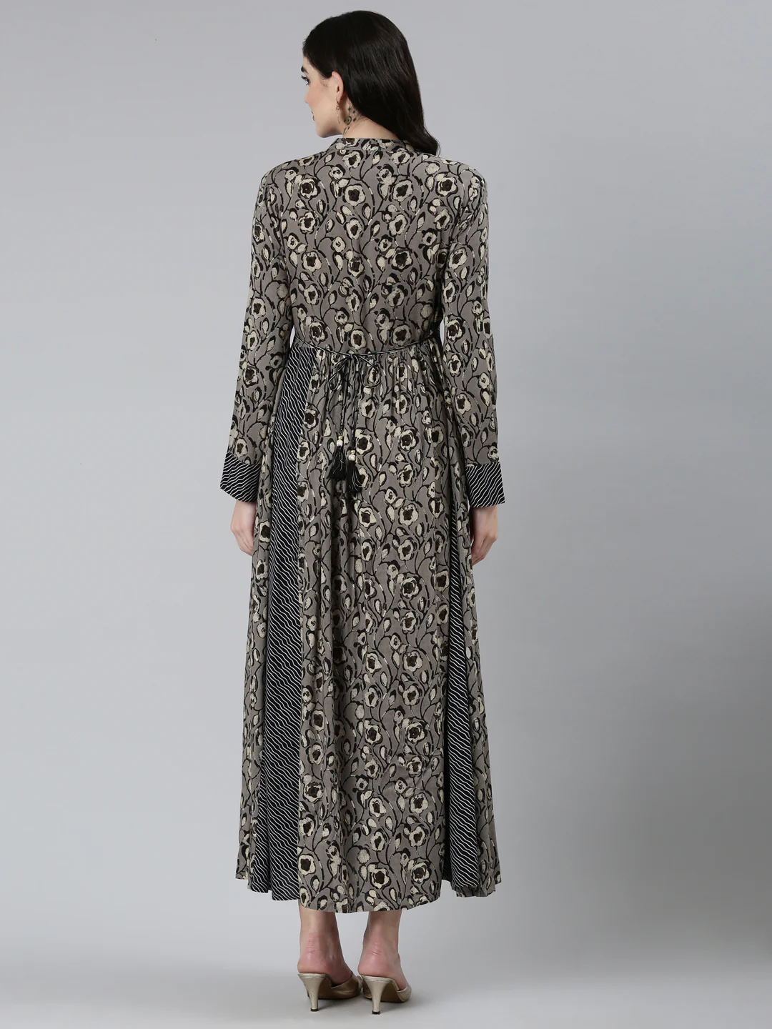 Neerus Grey Straight Casual Floral Dresses - Image 3