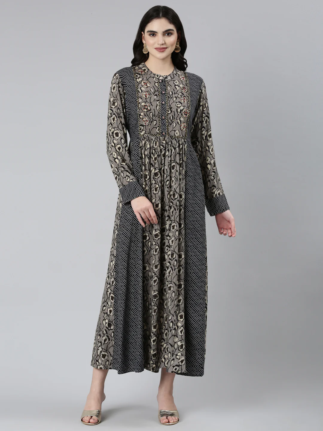 Neerus Grey Straight Casual Floral Dresses - Image 5