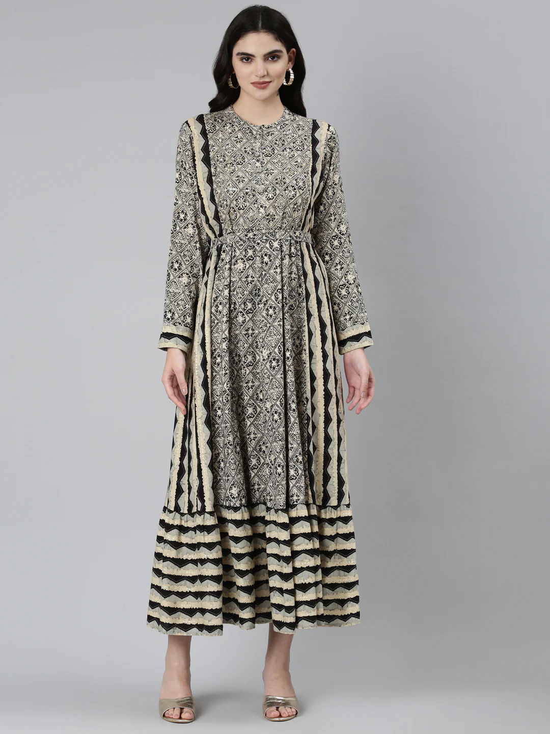 Neerus Grey Straight Casual Floral Dresses