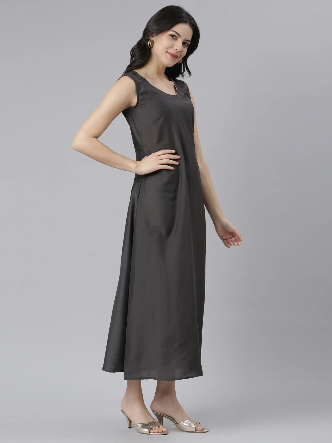 Neerus Grey Straight Casual Floral Dresses - Image 2