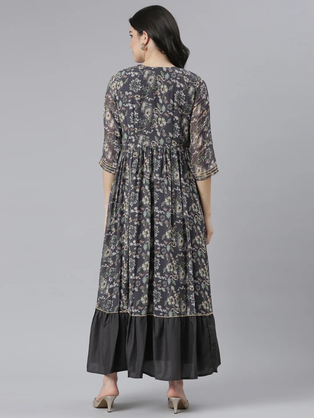 Neerus Grey Straight Casual Floral Dresses - Image 3