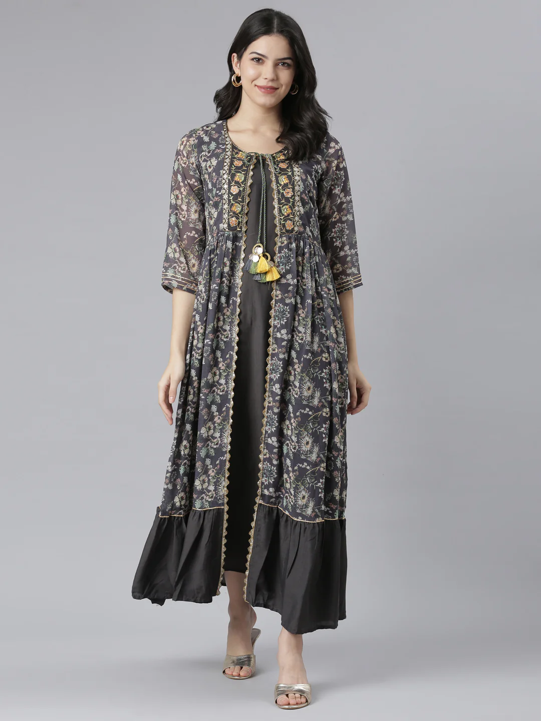 Neerus Grey Straight Casual Floral Dresses - Image 6