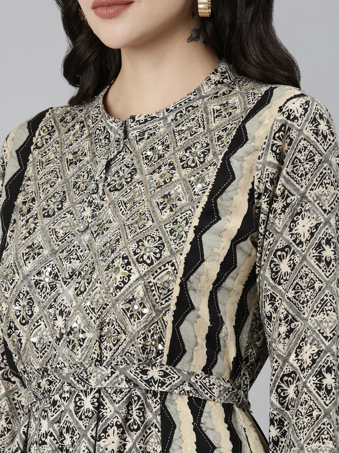 Neerus Grey Straight Casual Floral Dresses - Image 4