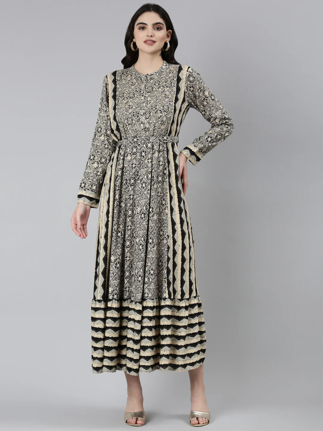 Neerus Grey Straight Casual Floral Dresses - Image 5