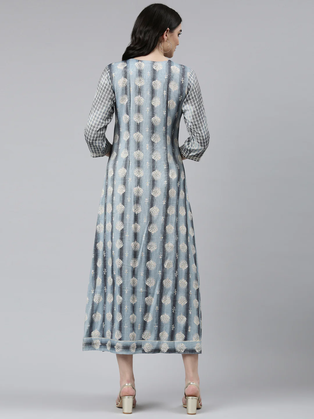 Neerus Grey Straight Casual Printed Dress - Image 3