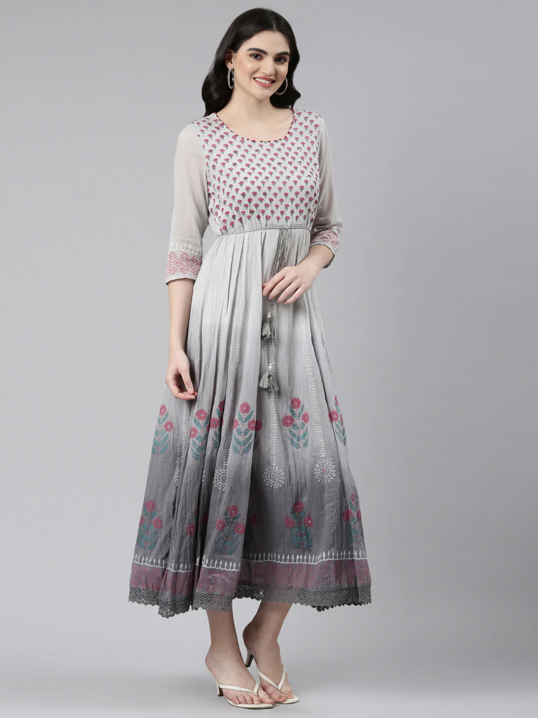Neerus Grey Straight Casual Printed Dress - Image 2
